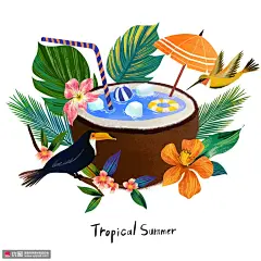 椰汁创意泳池热带绿植花草夏季插画季节插画素材下载-优图网-UPPSD