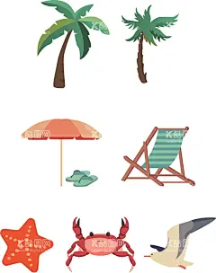 夏日海滩元素  - 源文件下载【酷图网】夏日,椰子树,遮阳伞,躺椅,拖鞋,螃蟹,海鸥,矢量,元素