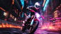 A man riding a motorcycle in a neon city