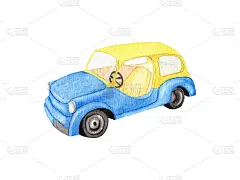 水彩黄蓝车，没有门。高档车。专为男孩设计的汽车。水彩绘画。在孤立的背景上手绘旧汽车插图。