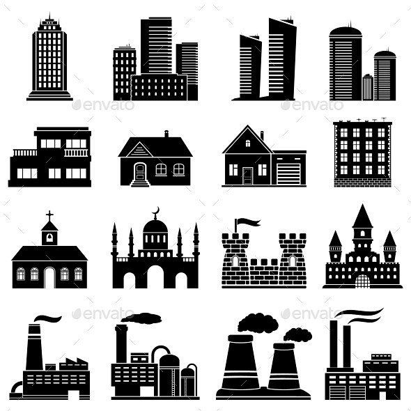 建筑图标——建筑对象Building Icons - Buildings Objects公寓,建筑,建筑,教堂,城市设计师、房地产、工厂、图形 ...