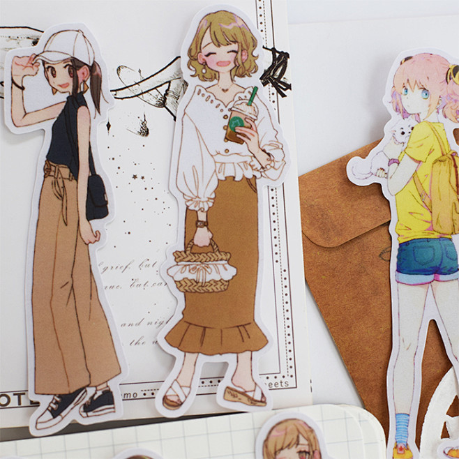 朴咕女孩贴纸可爱手绘小少女服饰穿搭透明手...