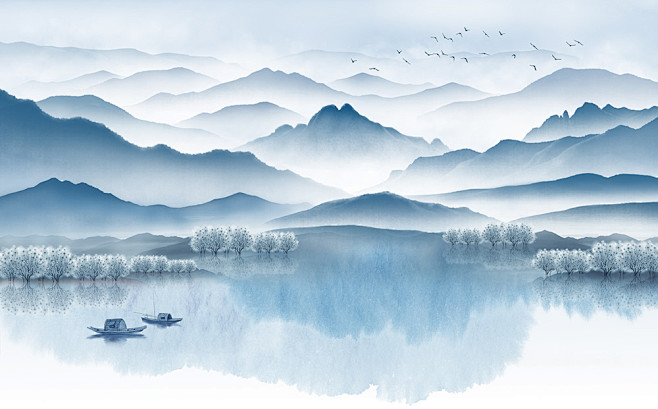 新中式山水背景墙壁布定制，壁画贴图。