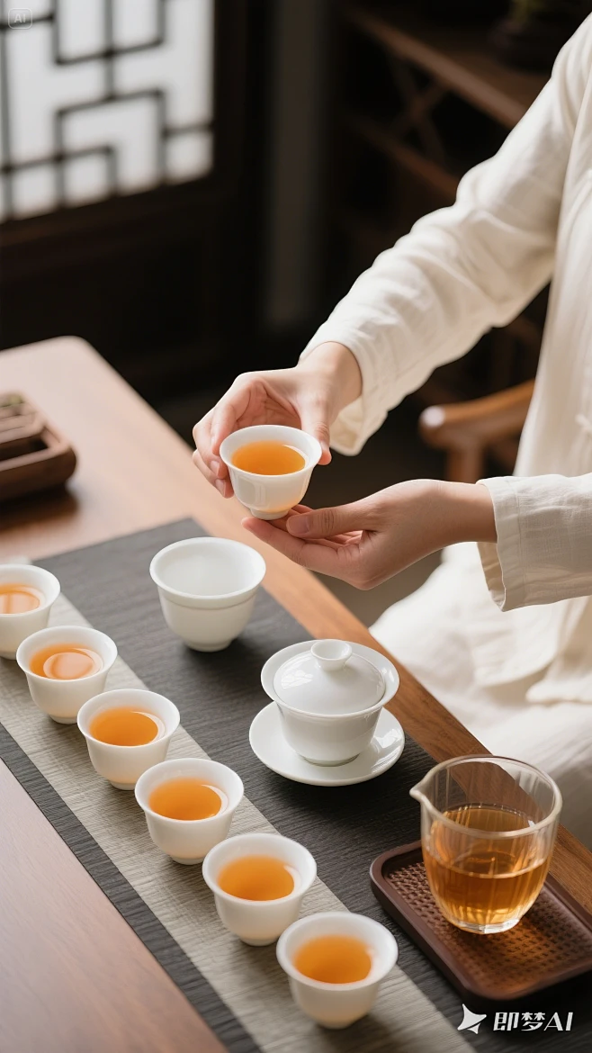 新中式茶室中，茶桌，茶桌上放着一排装着橙黄色茶汤的白色品茗杯，透明玻璃杯，盖碗，穿着奶白色茶服的一双手，递出一杯茶，俯拍角度，高清8k (1)-花瓣网