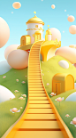 the yellow path in the middle of the hill leading to a building, in the style of rendered in cinema4d, cute cartoonish designs, meticulous design, bulbous, light white and gold, playful use of color, high detail