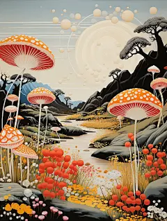 富有想象力的奇幻风景插画海报金黄色