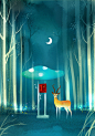 位图 jpg 卡通插画 植物类 植物 森林 树 蘑菇 动物 野生动物 梅花鹿 生活元素 日常元素 月亮 电话亭
