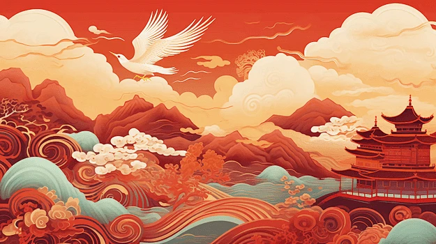 古风国风红色背景国潮仙鹤飞翔山水插画祥云风景插画桌面壁纸背景图-花瓣网