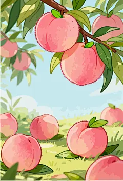 新鲜桃子桃树插画