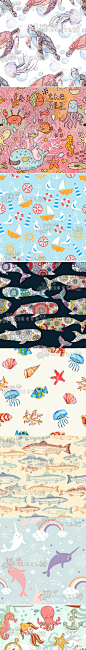 425 设计矢量素材卡通可爱插画海洋世界公园主题生物鲸鱼螃蟹背景-淘宝网