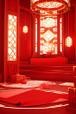 Red oriental oriental room with golden frame and red floor, in the style of luminous 3d objects, playful geometrics, xmaspunk, light red and white, joong keun lee, contest winner, festive atmosphere