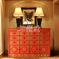 【摆设 新中式家具】仿古做旧实木家具手绘金花12屉4门红储物柜