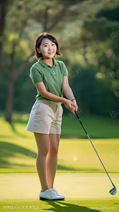 在高尔夫球场的女孩_提示词查看_Midjourneyai绘图工具关键词描述词咒语_816X1456像素-微笑,肖像,全身,高尔夫,短发,少女,写实-提示词编号:2023083111057233-绘ai-www.ai016.com-素材库-sucai1.cn