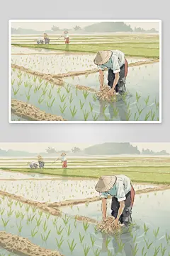 AI复古农民插秧春耕农忙种田插画