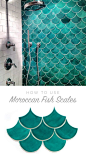 How to use Moroccan Fish Scales for your bath or shower wall! Unique tile with a gorgeous impact - simple yet stunning. See which colors and size are right for your space! #bathroomideas: 