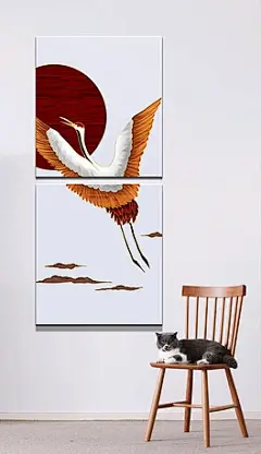 手绘烁金鎏金极简仙鹤木纹新中式抽象装饰画