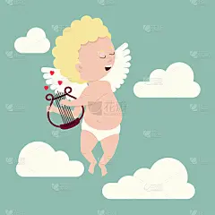 情人节的象征丘比特在七弦琴的琴弦上演奏着浪漫的音乐
