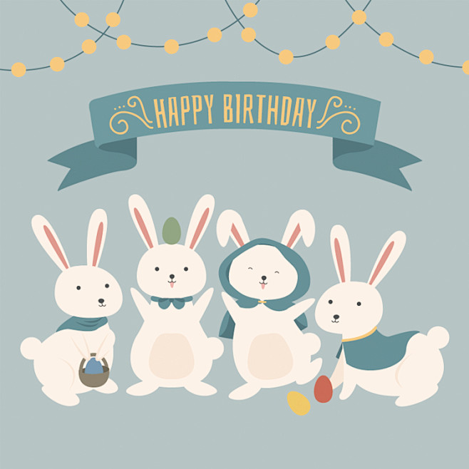 可爱俏皮手绘卡通小兔子儿童生日卡片背景海...