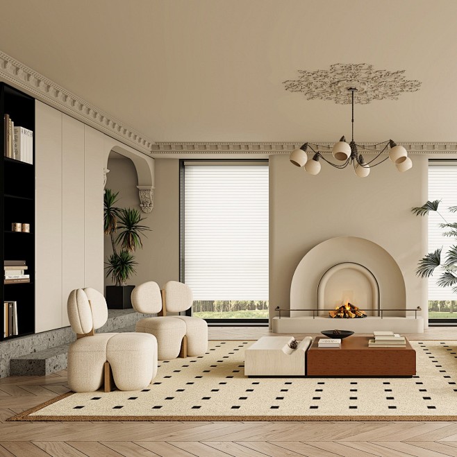 法式 客厅 沙发 单椅 茶几 窗帘 地毯...