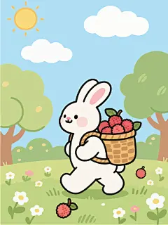 手绘兔子采摘荔枝插画