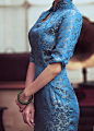 blue brocade Cheongsam