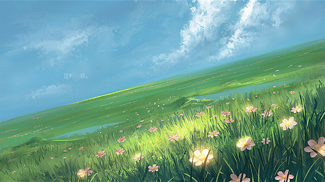 草地鲜花蓝天。倾斜构图
