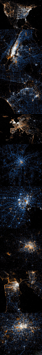 埃里克菲舍爾的一个视觉项目，各大城市 Flickr（橘黄色）和Twitter（蓝色）发出的信号形成了一副副美丽的图像，是不是有点像星云图呢？