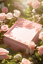 a pink box surrounded by white roses, in the style of nature-inspired imagery, smooth surfaces, sun-kissed palettes, realistic trompe-l'oeil, uhd image, spatial, flat form