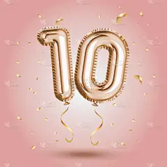 优雅的粉红庆祝十周年纪念日10号金箔气球.生日快乐，祝贺海报。金发碧眼的金发碧眼的数字。B.病媒