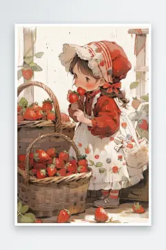 数字艺术手绘插画小红帽摘草莓插画22-众图网