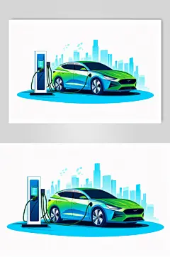 AI数字艺术新能源汽车绿色环保插画