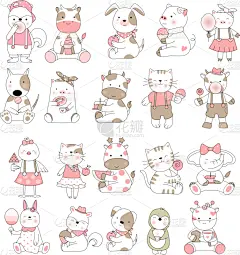 可爱的,幼小动物,动物手,高雅,卡通,贺卡,浪漫,狗,象,绘制