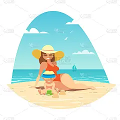 夏天，海滩，女人，孩子