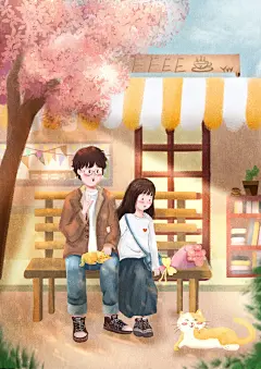 情侣插画情侣樱花树下咖啡店逗猫场景插画 - 爱画画的Yyy鱼干丶 - 原创作品 - 视觉中国(shijueME)