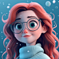 Long-haired girl with big waves, big watery eyes, delicate features, wearing glasses, sweater, cute and lively, cute, soft solid color background, character character design, cartoon style, IP, close-up, high quality, high detail, 3D, C4D, OC, 8K
