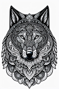 Coloring book, connected lines, symmetry, one wolf head, facing front, black and white, thick line work, big patterns, negative space, thick pattern, beautiful forest pattern background, ink fine line art stylized, vector, adobe illustrator, eps, design f
