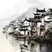 江南水乡小桥流水写意国画