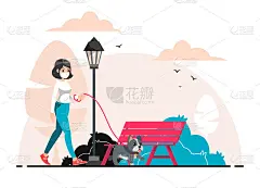 独自户外活动女性戴着医用口罩和斗牛犬在公园散步，新常态，社交距离，享受独处的自然时间。矢量插图平面横