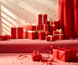Gifts with red boxes and gold foil on a shelf, in the style of scattered composition, luminous hues, monochromatic abstractions, polka dot madness, light red, tabletop photography, stripes and shapes