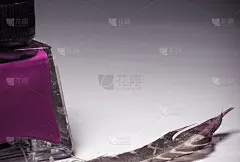 瓶红紫色墨水与羽毛古老的写作概念与复制空间白纸