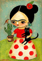 ORIGINAL Frida Kahlo with Black Cat and Cactus acrylic folk art painting on…: 