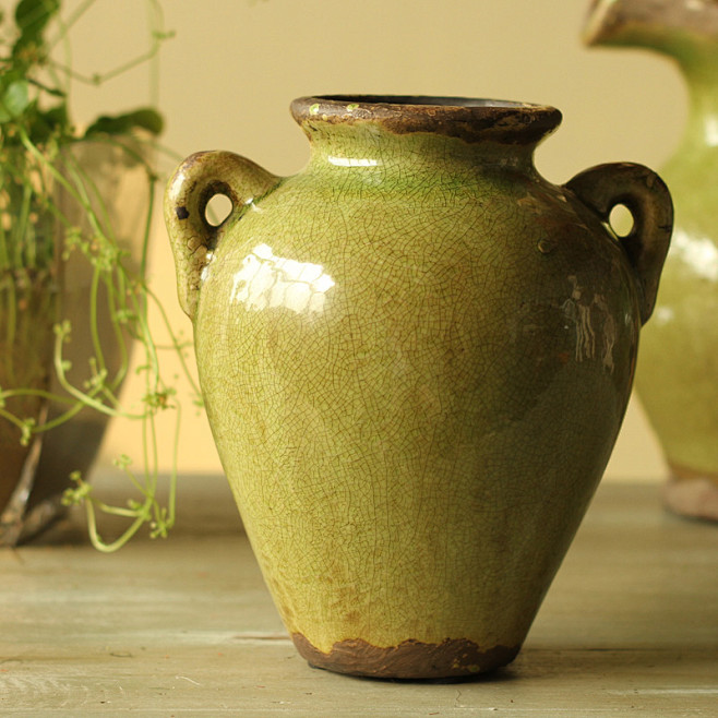 美式乡村田园复古怀旧绿色裂纹双耳陶瓷花瓶...