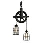 West Ninth Vintage - Black Barn Pulley Light - Hand-crafted black barn pulley, twisted cloth wiring and beautiful metal cages featuring Edison bulbs creates a unique look and feel to this industrial-style ceiling fixture. Perfect to accent a steam punk or