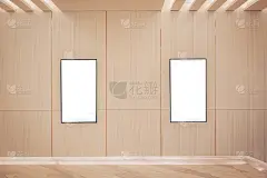 在现代影院室内设计中，有两个电影海报灯箱或展示框影院灯箱或沿走道留白的广告牌