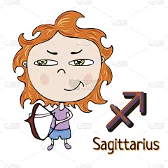 黄道十二宫卡通射手座，占星人物，手绘。画有趣的射手座在框架形式的抽象紫色墨点与星星的背景。矢量图
