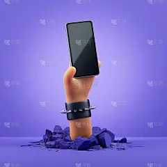 3d渲染，卡通人物手持黑屏智能手机，商业海报模型。剪贴艺术孤立在紫罗兰背景