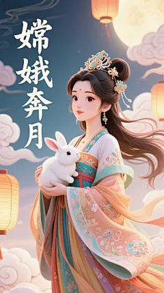 嫦娥奔月卡通立体手绘风格身着传统服饰的人