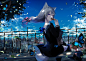 Anime 2549x1811 butterfly butterflies fence trees dappled sunlight wind wolf ears town tail eating leaves sky purple eyes hair accessories bench anime girls