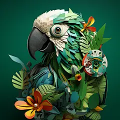 绿叶鹦鹉杂志封面，素描风格，纸雕
