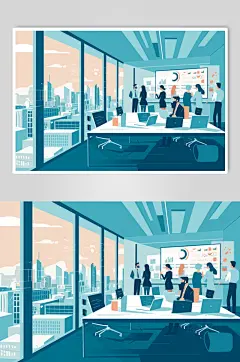 AI数字艺术扁平风企业办公室团队协作场景插画